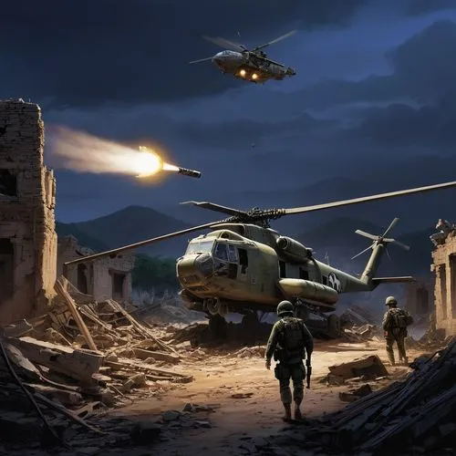 American Military Gunship patroling the ruins of a destroyed Korean War Village with a search light,heliborne,gunships,military operation,ah-1 cobra,gunship,uh-60 black hawk,war correspondent,ussocom,