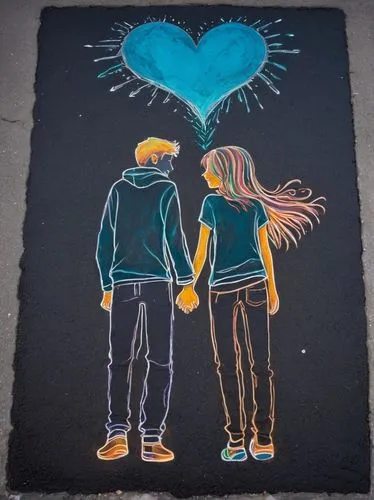 silhouettes of a man and a woman hugging each other and smiling drawn with children's crayons on the asphalt.,chalk drawing,street chalk,street artists,chalk,chalk outline,street art,chalking,streetar