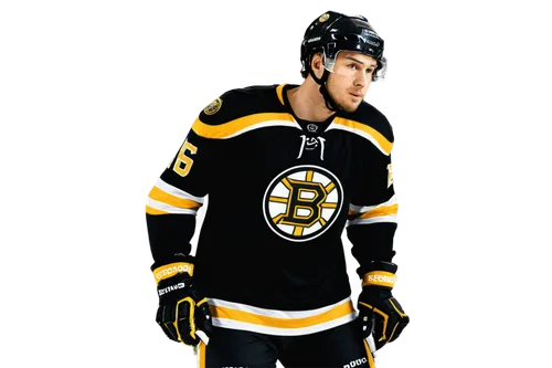 Boston Bruins hockey player, male, athletic build, helmet, face mask, black and gold jersey, hockey stick, gloves, shin guards, skates, determined facial expression, intense eyes, sweaty forehead, dim