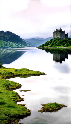 Scottish Highland landscape, misty mountains, rugged terrain, rolling hills, stone castle ruins, Eilean Donan Castle, Loch Ness lake, calm water reflection, ancient Celtic stones, moss-covered rocks, 