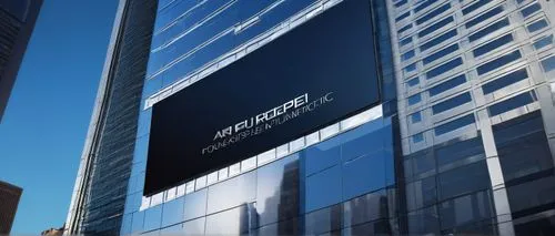 Modern skyscraper building, sleek metallic exterior, giant LED screen display, futuristic architecture signage, 3D modeling software interface, minimalist desktop background, mouse and keyboard nearby