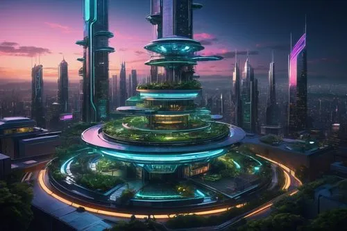 Futuristic os architecture, modern skyscraper, sleek glass exterior, metallic framework, neon lights illuminating the edges, circular rooftop garden, lush greenery, helipad, antennae, satellite dishes