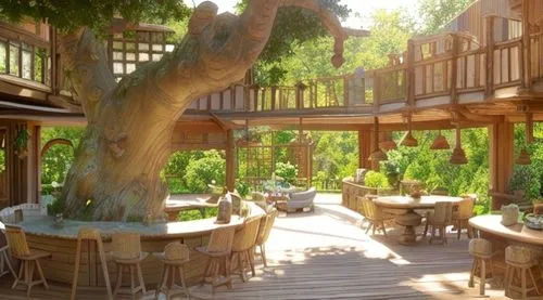 sunny day, English garden style,tree house hotel,eco hotel,treehouse,outdoor dining,tree house,beer garden,country hotel,breakfast room,wooden beams,garden furniture,inside courtyard,pergola,wooden de