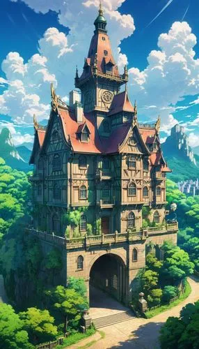 highstein,ghibli,studio ghibli,violet evergarden,machico,fairy tale castle,knight's castle,dreamhouse,castlelike,fairy tail,seborga,butka,summit castle,meteora,alfheim,bethlen castle,castle of the corvin,rouran,elfman,yoshikuni,Illustration,Japanese style,Japanese Style 03