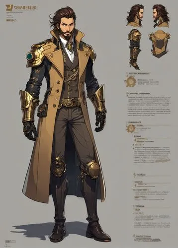 A male supervillain, long brown hair, fair skin, skinny, tall, long overcoat, eyepatch, arm gauntlets, color: brown, gold and khaki, cel-shaded color-block comic book art style,reinhardt,norrington,al