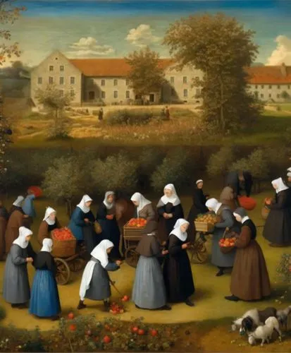 (view from above as in the paintings of Pieter Bruegel, small figures of Catholic nuns in Breton bonnets and kerchiefs, light brown robes and dark brown dresses are picking apples from the trees, next