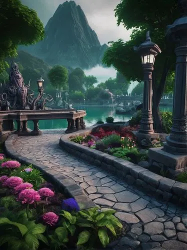 rivendell,skylands,silverglade,pathway,gardens,imperial shores,sansar,calydonian,arenanet,sake gardens,labyrinthian,zen garden,erinvale,westfall,riftwar,netherwood,bougainvilleans,verdant,idyllic,beauty scene,Illustration,Realistic Fantasy,Realistic Fantasy 47