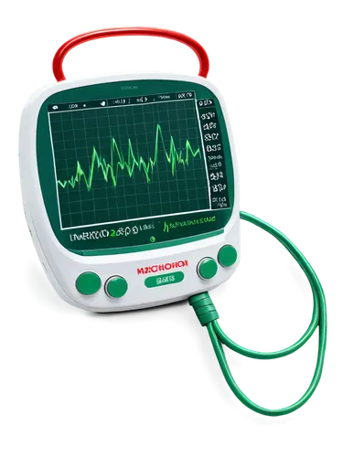 ECG machine, hospital equipment, fast heartbeat rhythm, red wires, silver metal, digital screen, green waveform lines, stethoscope nearby, white background, close-up shot, shallow depth of field, brig