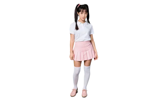 apologetic girl, cute expression, lowered head, slight smile, bright eyes, black hair, ponytail, white shirt, pink skirt, knee-high socks, brown shoes, hands clasped together, gentle posture, soft foc