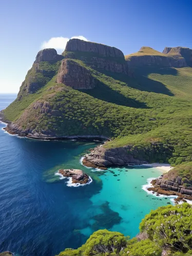 Describe the tranquil beauty of Duiker Island in a serene setting.,south africa,cape dutch,eastern cape,cape town,duiker island,table bay,capetown,ascension island,table mountain,bettys bay,the twelve