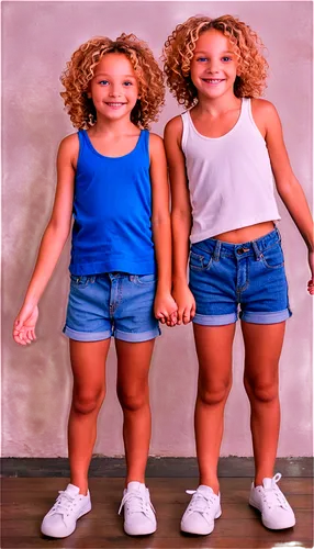 Two girls, identical twins, smiling, (10yo), bright blue eyes, curly blonde hair, freckles on nose, white tank tops, denim shorts, sneakers, standing back to back, holding hands, casual pose, soft nat