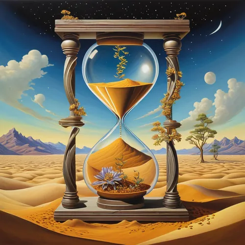 n hourglass with sands that cycle through the stages of life, from sprouting seeds to full-blown blooms, then withering away, only to be reborn again as the sands loop endlessly from one bulb to the o