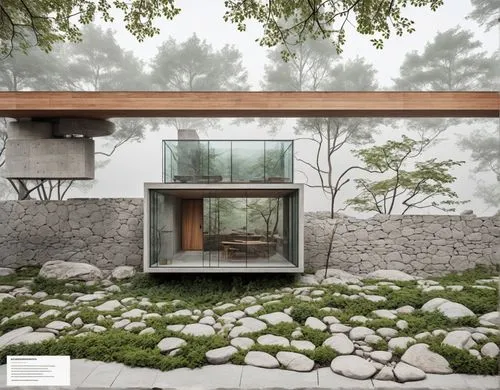 4 stories front podium, with 3 stories on top, organic geo entrance canopy,a rock garden with grass and rocks surrounding the building,landscaped,cubic house,dunes house,house in mountains,forest hous