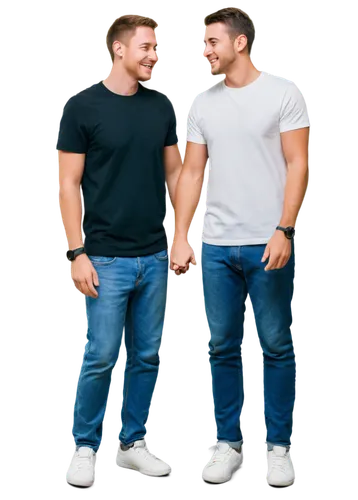 Two men, friends, gay couple, casual wear, jeans, white shirts, sneakers, smiling faces, embracing, holding hands, romantic atmosphere, warm lighting, shallow depth of field, cinematic composition, 3/