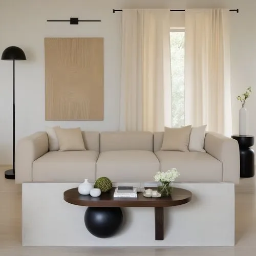 minimalistic living room, with black wood coffee table, soft beige sofa, black floor lamp and white textured painting,Minimalist living room with an art piece and a white sectional,anastassiades,minot