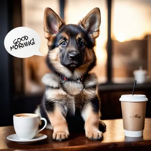 CUTE fluffy german shepperd PUPPY is sitting before a coffee cupwith a big speech bubble with the sign " GOOD MORNING "
,mocaccino,barista,cortado,macchiato,a buy me a coffee,coffee break,coffee backg