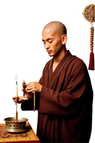 Monk, Buddhist priest, solemn expression, shaved head, brown robes, golden rosary beads, prayer wheels, incense sticks, candles lit, sacred scripture, intricate wood carvings, dim warm lighting, soft 