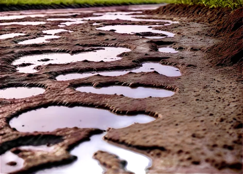 Muddy ground, wet texture, brown color, rough surface, puddles, reflections, close-up shot, shallow depth of field, natural light, warm tone, high contrast, detailed mud patterns, organic shape, reali