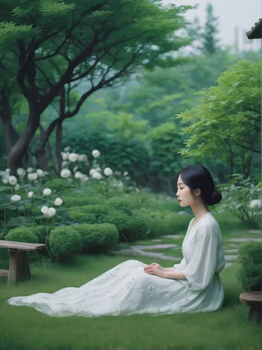 junshan yinzhen,girl lying on the grass,lily of the field,chinese art,girl in the garden,tea garden,white blossom,green meadow,japanese art,idyll,tea zen,ao dai,tea ceremony,green garden,green landscape,scent of jasmine,hanbok,jasmine blossom,world digital painting,rou jia mo,Illustration,Abstract Fantasy,Abstract Fantasy 07