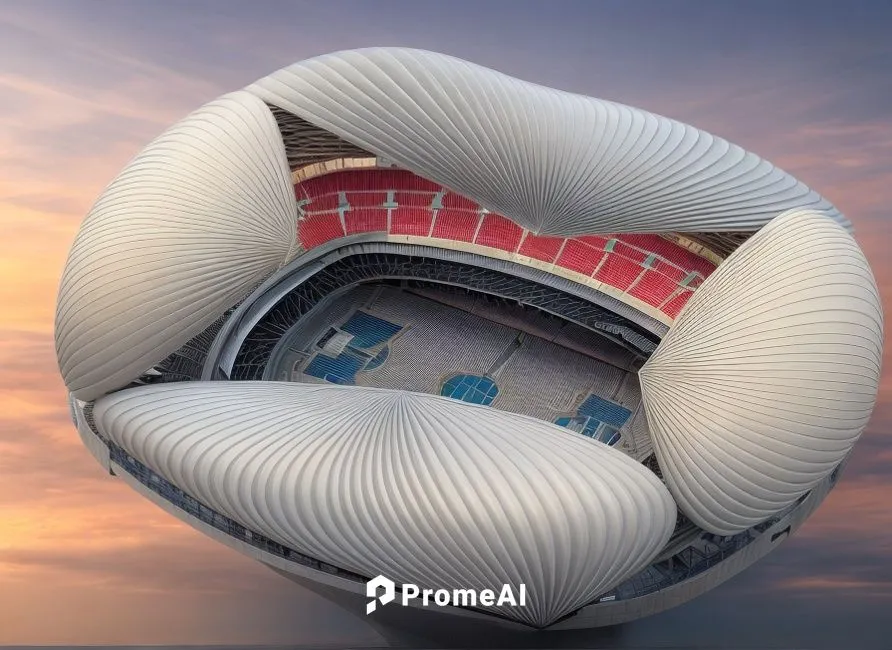 A perspective of a stadium inside a city with lights on the facades and beautiful formations and very, very beautiful curved lines,inflatable ring,costa concordia,lifebuoy,life buoy,paraglider inflati