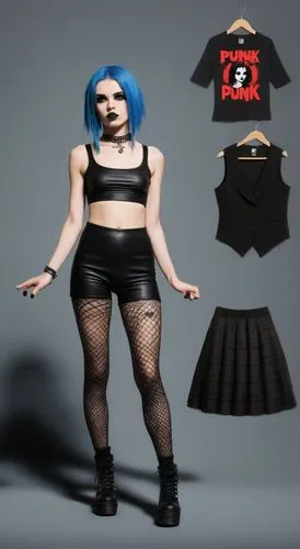 Paper doll 2d cartoon punk blue haired girl in black sleeveless shirt , black spandex shorts, complete full length fishnet and black punk knee Boots, standing surrounded by with a set of punk fashion 