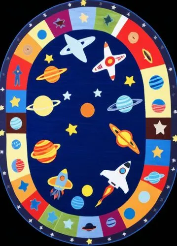 a rug that has planets and rockets on it,life stage icon,star chart,prize wheel,copernican world system,biosamples icon,kiritimati