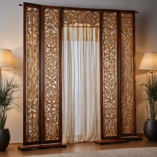 bamboo curtain,room divider,patterned wood decoration,window curtain,theater curtains,gold stucco frame,window valance,ornamental dividers,window treatment,a curtain,curtain,curtains,drapes,theatre curtains,armoire,chinese screen,interior decoration,fire screen,brown fabric,art nouveau design,Photography,General,Natural