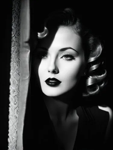 Pour her sweet open eyes,a black and white image of a woman with wavy hair,vampira,film noir,dita,gene tierney,joan crawford-hollywood,whigfield,Photography,Black and white photography,Black and White