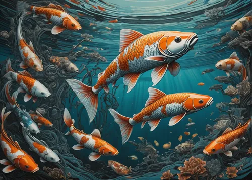 Imagine a futuristic world where Pez, the technologically advanced koi fish, helps humans clean polluted waters.,koi fish,school of fish,fish in water,fishes,koi pond,koi carp,two fish,aquaculture,fis