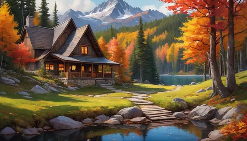 house in mountains,fall landscape,autumn landscape,house in the mountains,autumn mountains,home landscape,the cabin in the mountains,autumn idyll,autumn background,landscape background,house in the forest,house with lake,mountain scene,autumn scenery,cottage,summer cottage,autumn camper,mountain landscape,autumn theme,log cabin,Conceptual Art,Fantasy,Fantasy 03