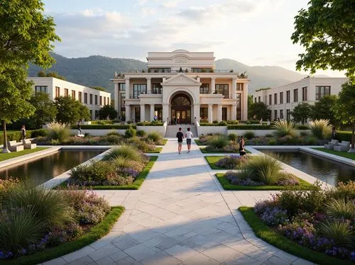 Elegant youth center, neoclassical architecture, grand entrance, symmetrical facade, ornate columns, carved stone details, lush greenery, vibrant flowers, curved walkways, natural stone paving, tranqu