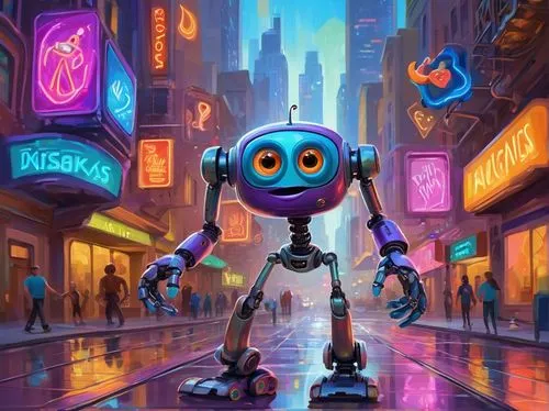 Pixar-inspired AI meme character, cartoonish style, colorful palette, rounded features, big eyes, goofy facial expression, robotic body with metallic limbs, neon lights, circuits visible under transpa