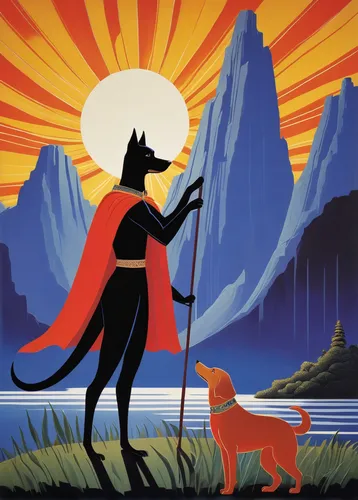 king shepherd,pharaoh hound,black shepherd,travel poster,tamaskan dog,pet vitamins & supplements,howling wolf,schutzhund,dog illustration,canis panther,howl,schipperke,beauceron,canis lupus,canidae,shepherd,formosan mountain dog,norwegian lundehund,inca,manchester terrier,Illustration,Retro,Retro 26