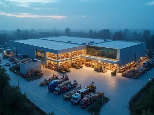 Modern suburban distribution center, sleek architecture, metal frame, glass facade, vibrant LED signage, loading docks, cargo trucks, busy forklifts, organized storage racks, rows of shelves, cardboar