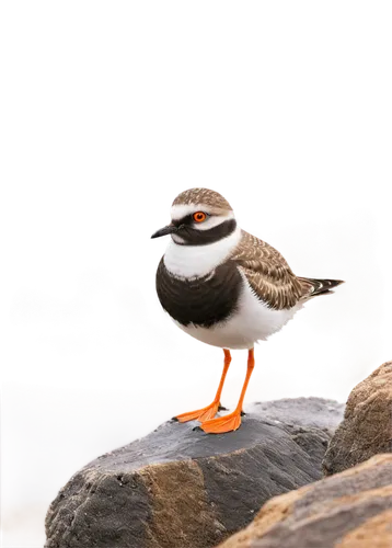 Plover, marine bird, white belly, black back, orange beak, feathers fluffed, standing on rock, coastal scene, morning mist, soft light, panoramic view, cinematic composition, shallow depth of field, w