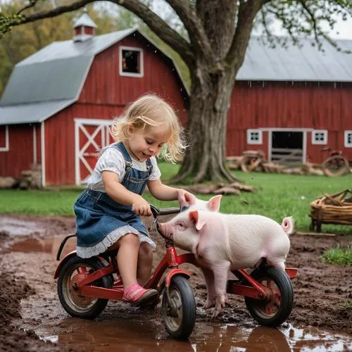  A Whimsical close up of an old red barn, a little girl with blonde hair and pig tails and dressed in overhauls is playing with a puppy in front of it. A tree with a homeade swing is beside the barn, 