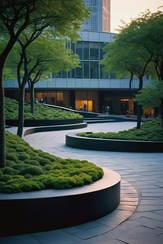 modern curved lines, sleek minimalist buildings, large glass windows, rooftop garden, urban skyscraper, vibrant city lights, busy street scene, people walking, cycling, modern art sculptures, water fe