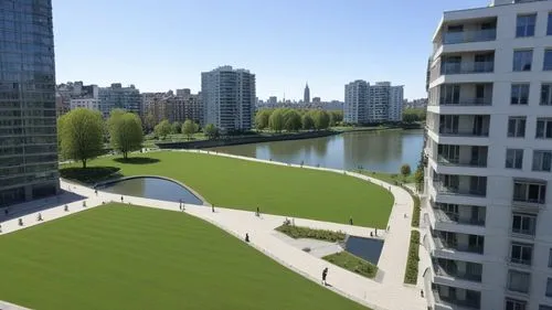 the view of an artificial pond and lawn,zorlu,autostadt wolfsburg,songdo,evagora,biopolis,false creek