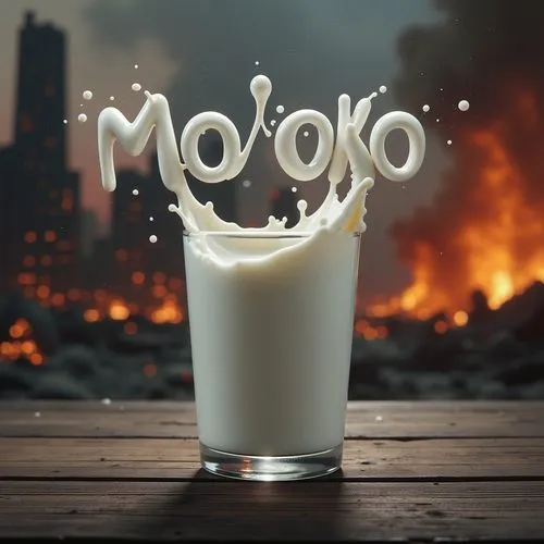 A striking photograph in which a glass of milk is placed on a wooden table. A splash of milk comes out of the glass, forming the word "MO/\OKO" in a swirly manner just above the glass. The background 