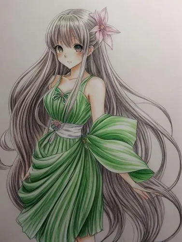 tiki,green dress,lotus art drawing,rusalka,pencil color,hula,marie leaf,color pencil,lilly of the valley,lily of the valley,lily of the field,flora,lily flower,emerald,mai tai,copic,a girl in a dress,girl in a long dress,seerose,honolulu