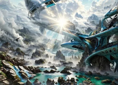 futuristic landscape,gondolin,skylands,atlanteans,atlantean,terraformed,fantasy landscape,cardassia,macroscale,asgard,icewind,alien world,skyreach,terraforming,alfheim,skyterra,taniwha,sci fiction illustration,fantasy picture,homeworld