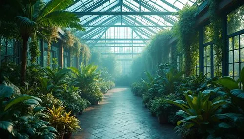 Cerulean blue, greenhouse interior, lush greenery, tropical plants, exotic flowers, vines crawling up walls, wooden trellis, natural light pouring in, glass roof, steel frame structure, modern minimal