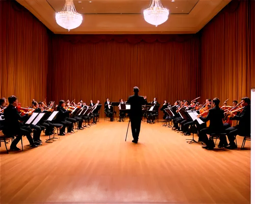 Grand concert hall, symphony orchestra, evening performance, dimmed lights, elegant chandeliers, wooden stage, polished floor, rows of musicians, men in tuxedos, women in formal gowns, violins, cellos