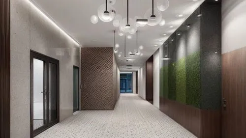 minimalist lobby, modern , concrete, terrazzo , glass cladding ,a long hallway with many lights above the doors,hallway space,hallway,corridors,corridor,wallcovering,hotel hall,3d rendering,wallcoveri