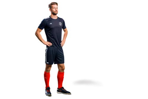 Muscular man, athletic build, dynamic pose, cool expression, soccer jersey, shorts, shin guards, soccer ball at feet, confident stance, one hand on hip, morning sunlight, soft focus background, 3/4 co