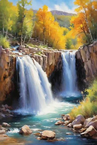 brown waterfall,waterfall,falls of the cliff,ash falls,bridal veil fall,water falls,fall landscape,falls,cascades,water fall,waterfalls,cascade,ilse falls,a small waterfall,autumn landscape,mountain spring,flowing creek,mountain stream,river landscape,cascading,Conceptual Art,Oil color,Oil Color 03