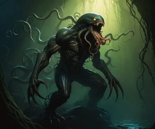 eyeless dark creature with long claws, tentacles, wiry textured muscle mass, deep shiny texture warm colored skin, gaping maw with large teeth,xenomorph,wendigo,lovecraftian,gravemind,symbiote,neomord