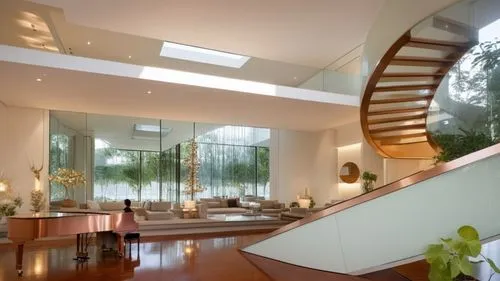 Luxurious modern living room interior with a grand open layout. The focal point is a striking curved staircase in copper, spiraling elegantly upwards. The space features floor-to-ceiling glass windows