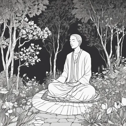 Describe a peaceful garden where Manish Saini spends his evenings meditating.,yogananda guru,shakyamuni,vipassana,yogananda,buddhist,zen garden,meditation,theravada buddhism,bodhisattva,jizo,meditate,