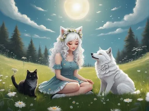 fantasy picture,white wolves,cat girl,fox girl,cat,animals,Illustration,Abstract Fantasy,Abstract Fantasy 02